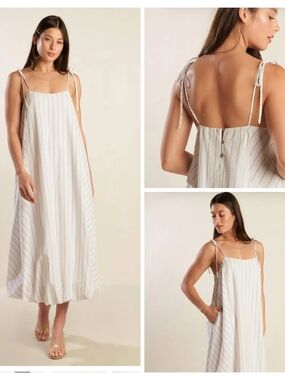 Flying Tomato Cream Midi Dress with Tan Pinstripes